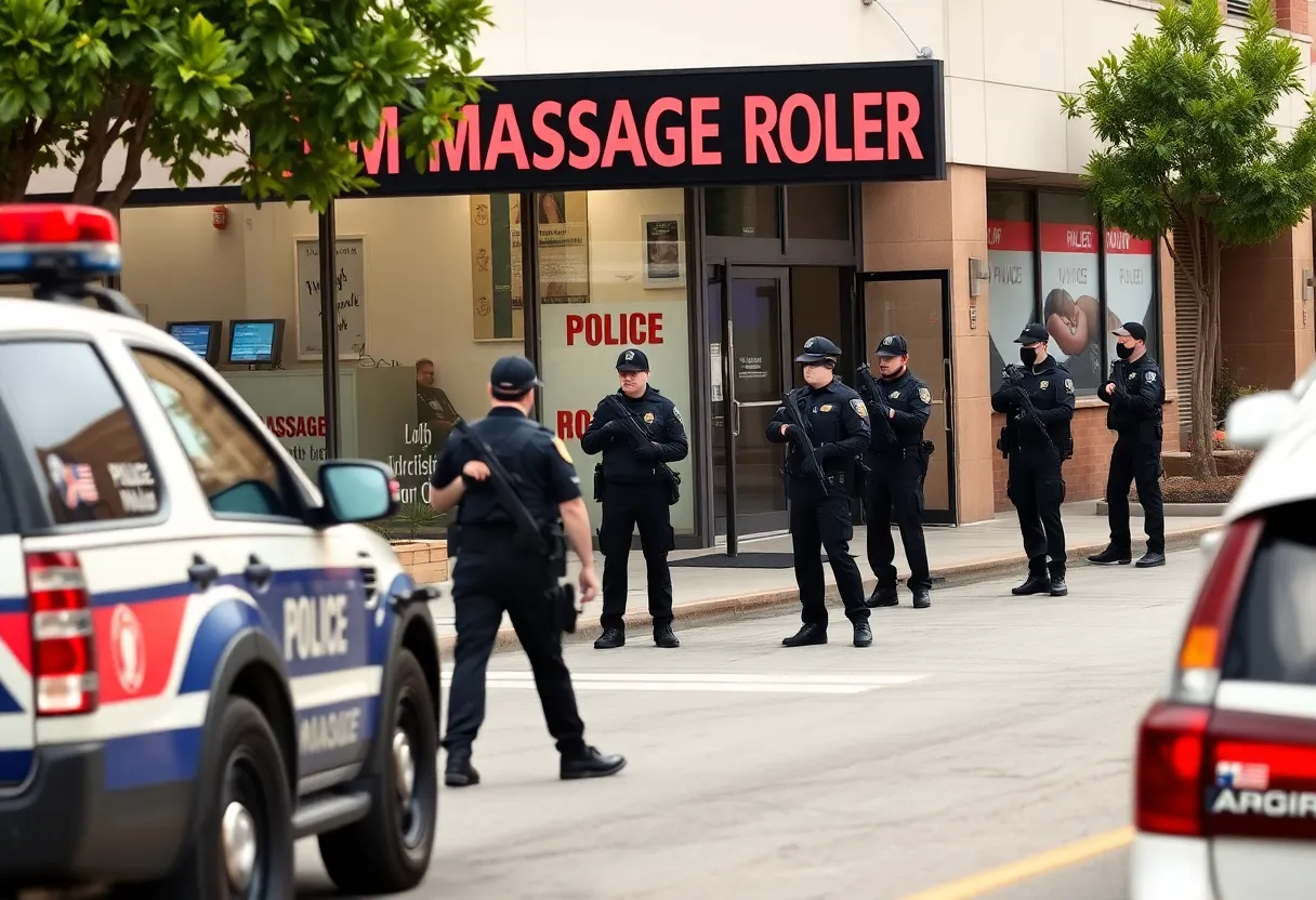 Police officers conducting raid at massage parlor in Fishers, Indiana