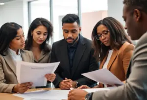 Professionals discussing H-1B visa applications in an office.