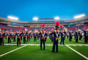 High school bands performing at the Bands of America Championship