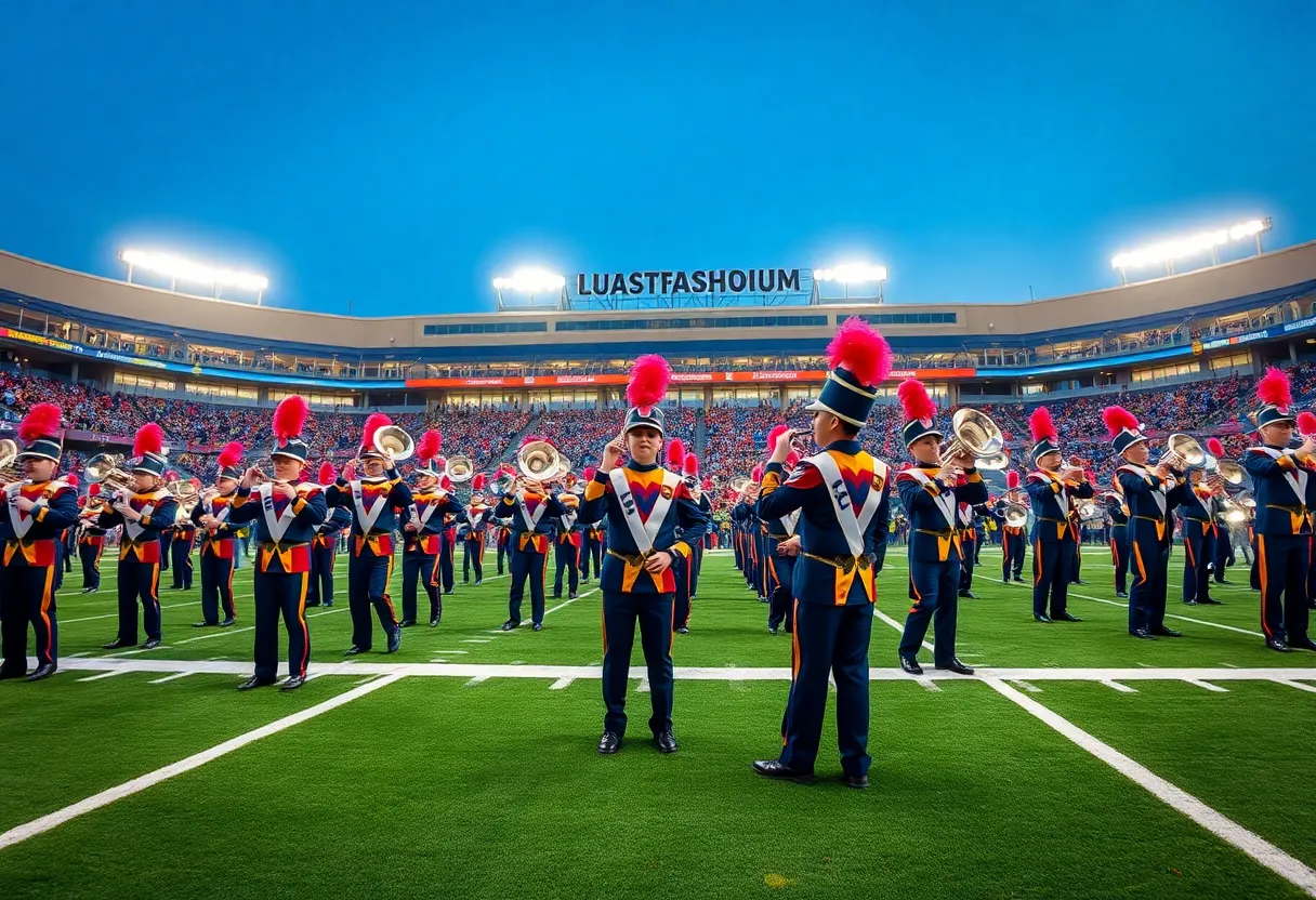 High school bands performing at the Bands of America Championship