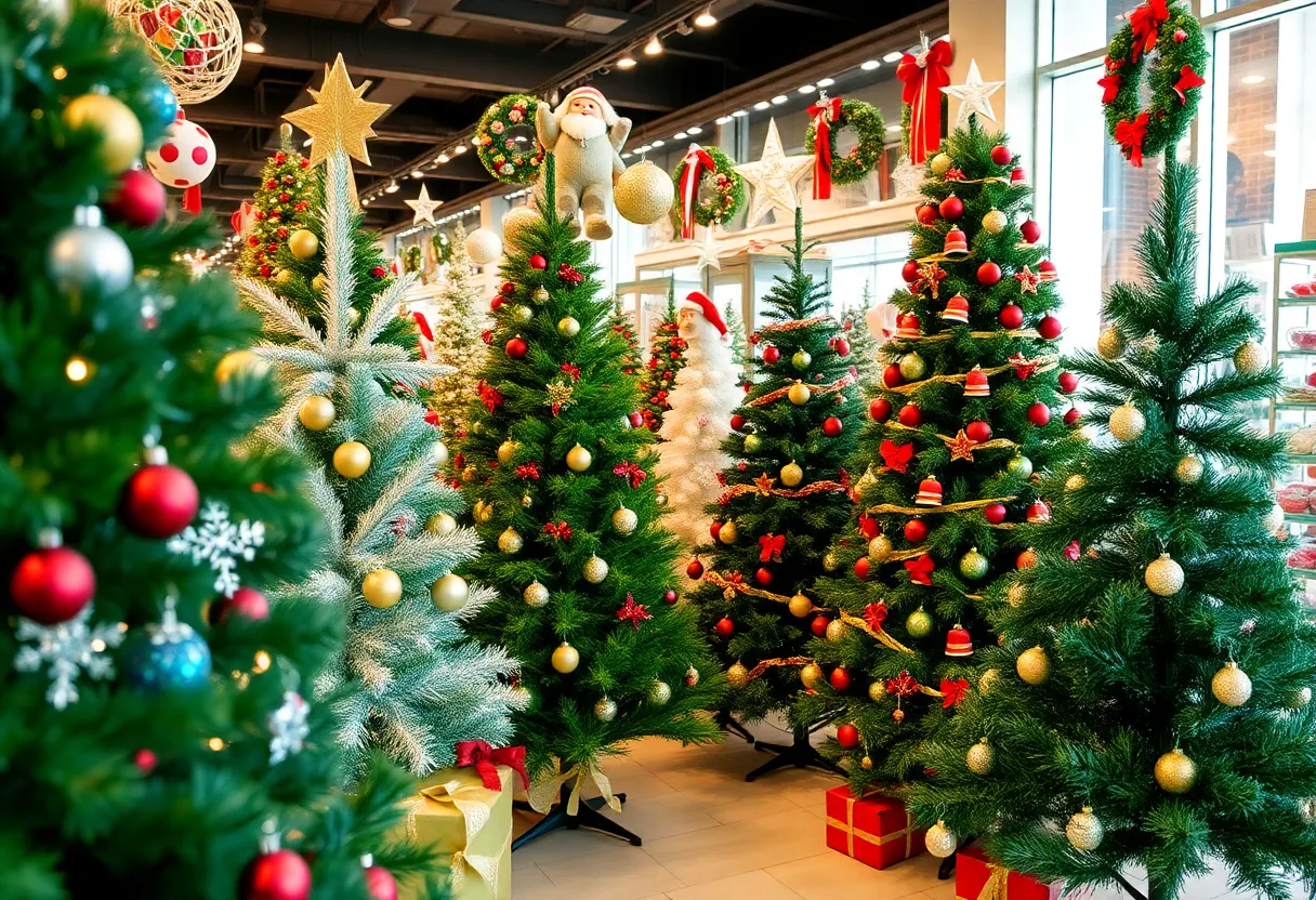 Artificial Christmas trees and holiday decorations in a store
