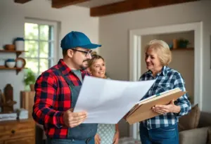 Home repair contractor with homeowner discussing project details