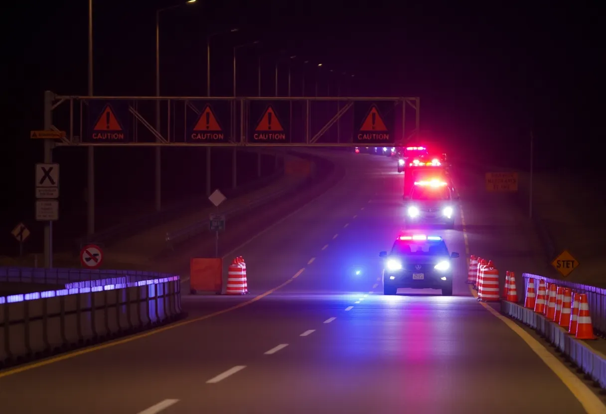 Night view of a highway construction site with emergency response after an accident