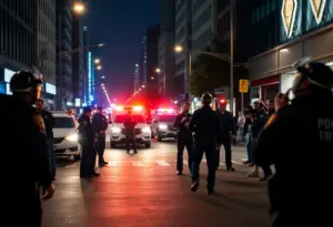 City street with police and emergency responders during a nighttime incident