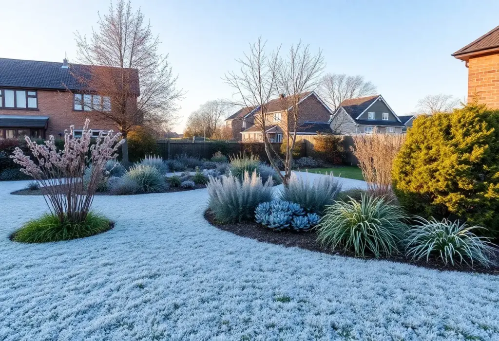 Frost covering plants in a garden during early morning in Indiana