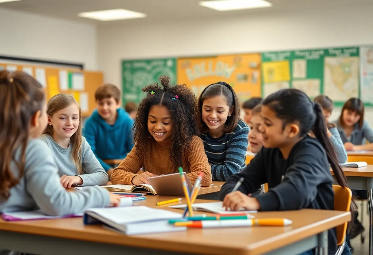 Students engaged in collaborative learning in a K-12 classroom.