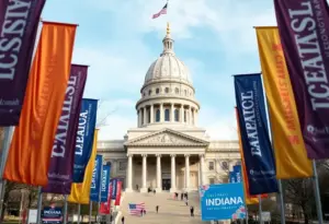 Vibrant campaign banners at Indiana State Capitol
