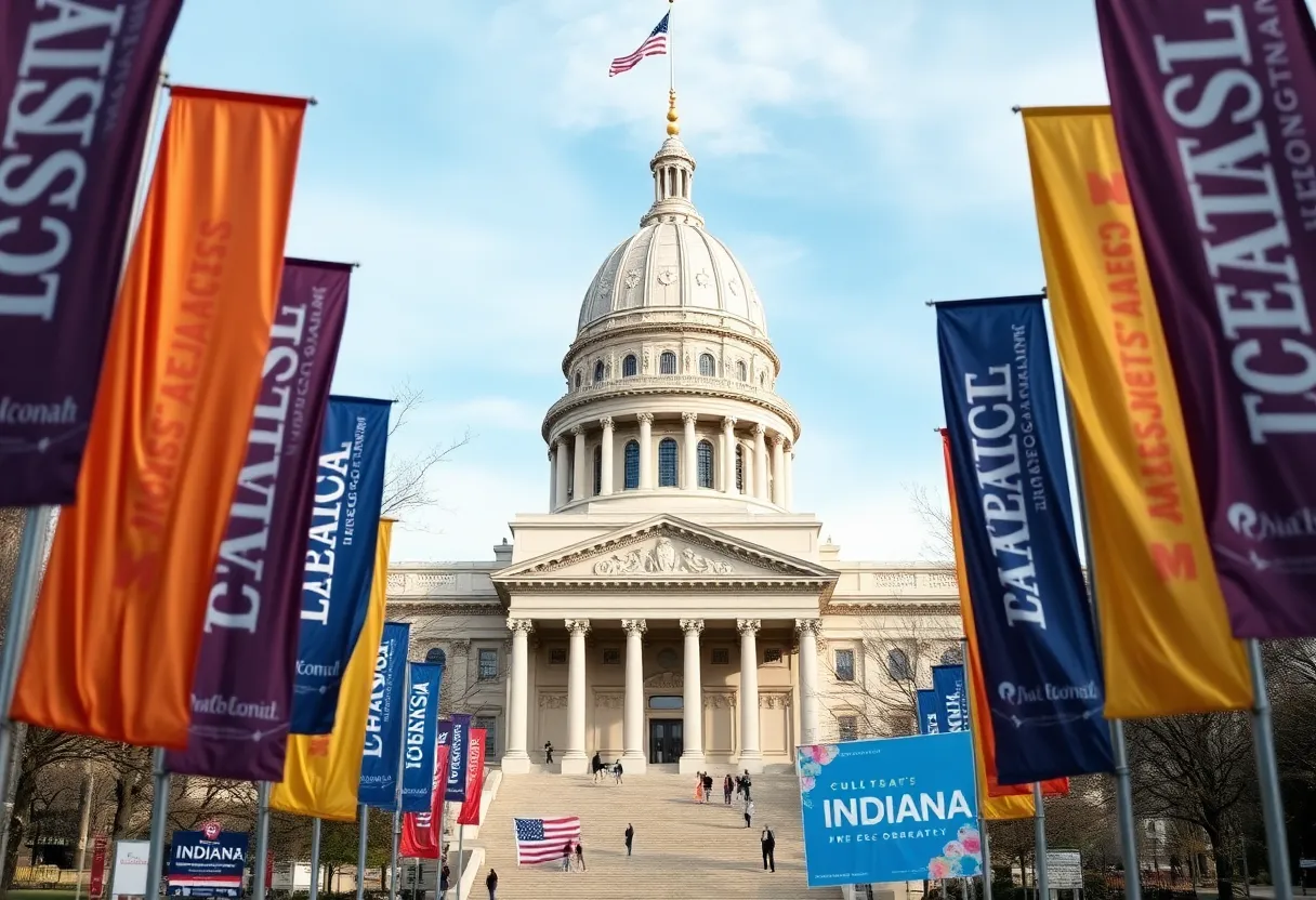 Vibrant campaign banners at Indiana State Capitol