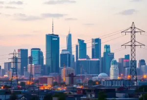 City skyline with electric grid infrastructure symbolizing community energy needs
