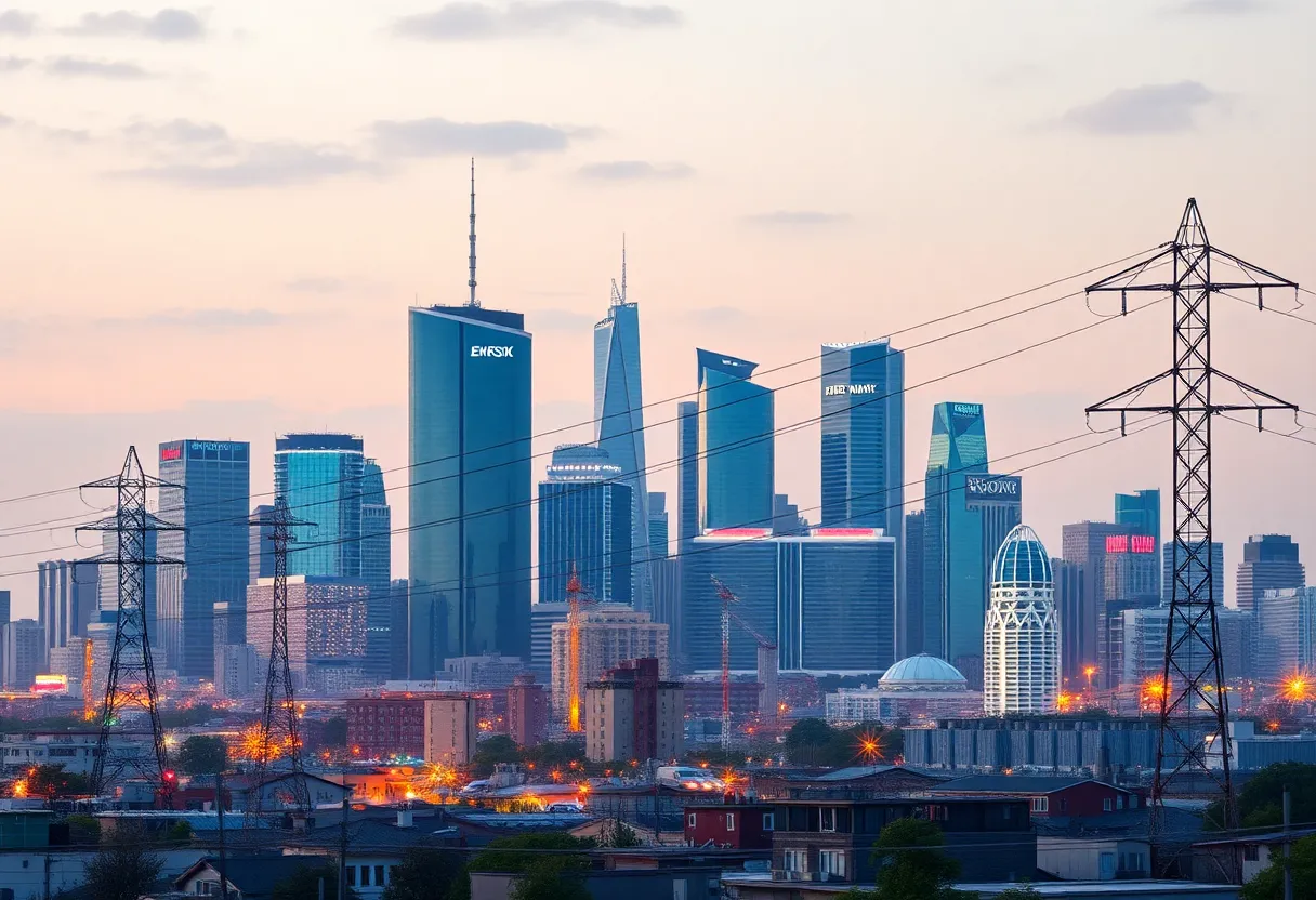 City skyline with electric grid infrastructure symbolizing community energy needs