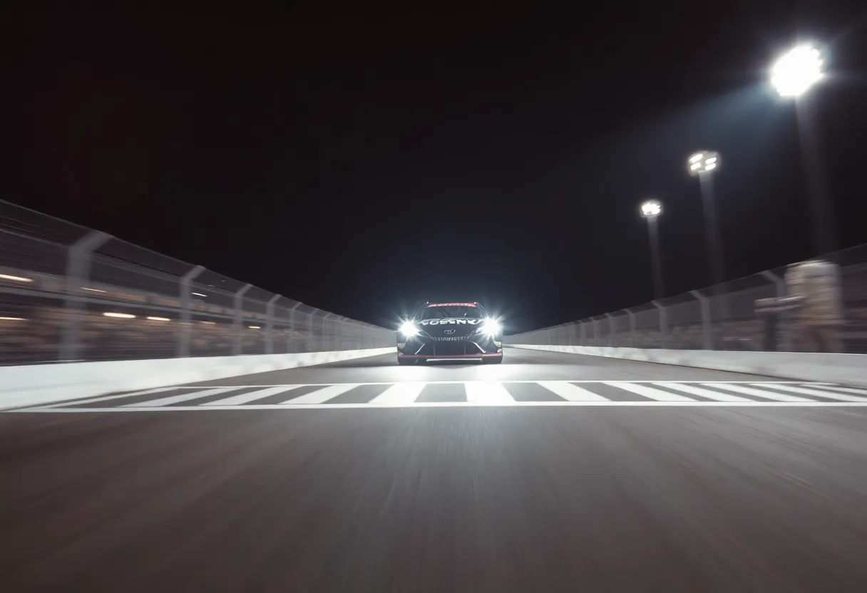 Race car crossing the finish line in a high-speed race at Indianapolis Motor Speedway