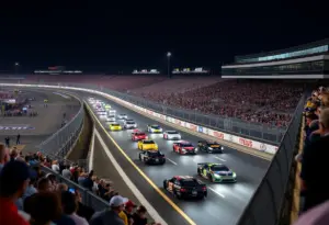 Race cars at the Indianapolis Motor Speedway during the 8 Hour GT3 race