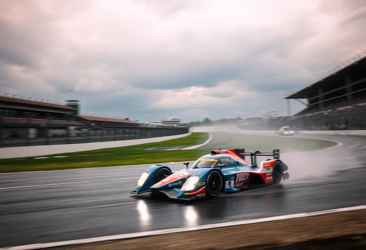 Race car navigating a wet track during Indianapolis 8 Hour race under stormy weather