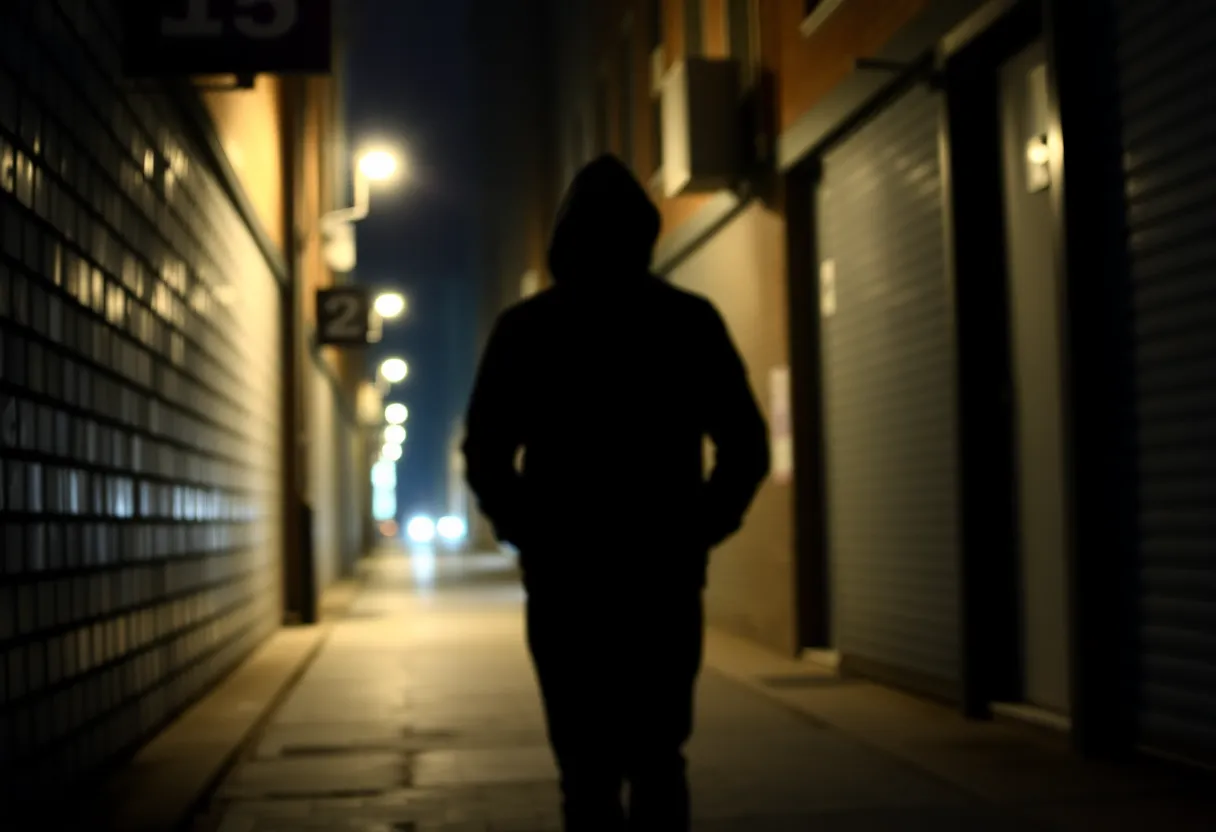Dark alley in downtown Indianapolis with streetlights and a shadowy figure neighborhood scene
