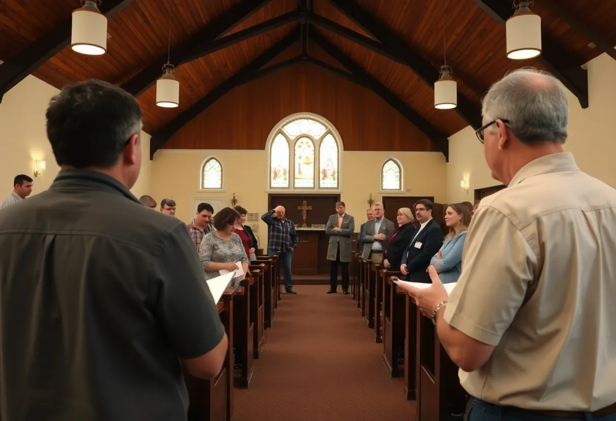 Church members participating in safety training focused on emergency preparedness and security measures.