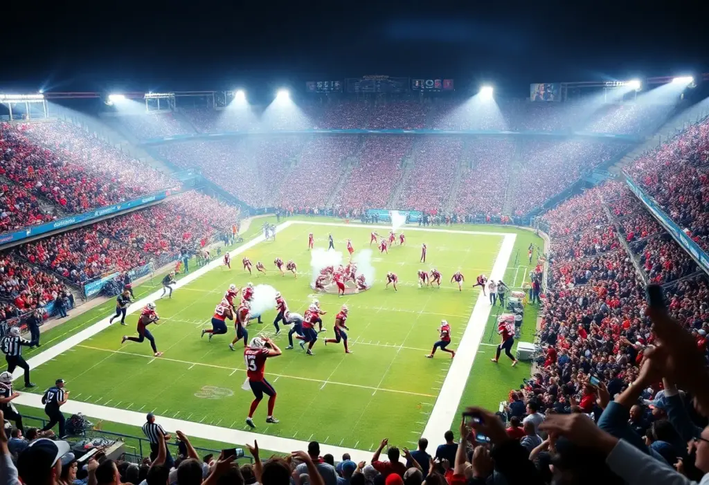 An intense football game showing players competing on the field with cheering fans in the background.