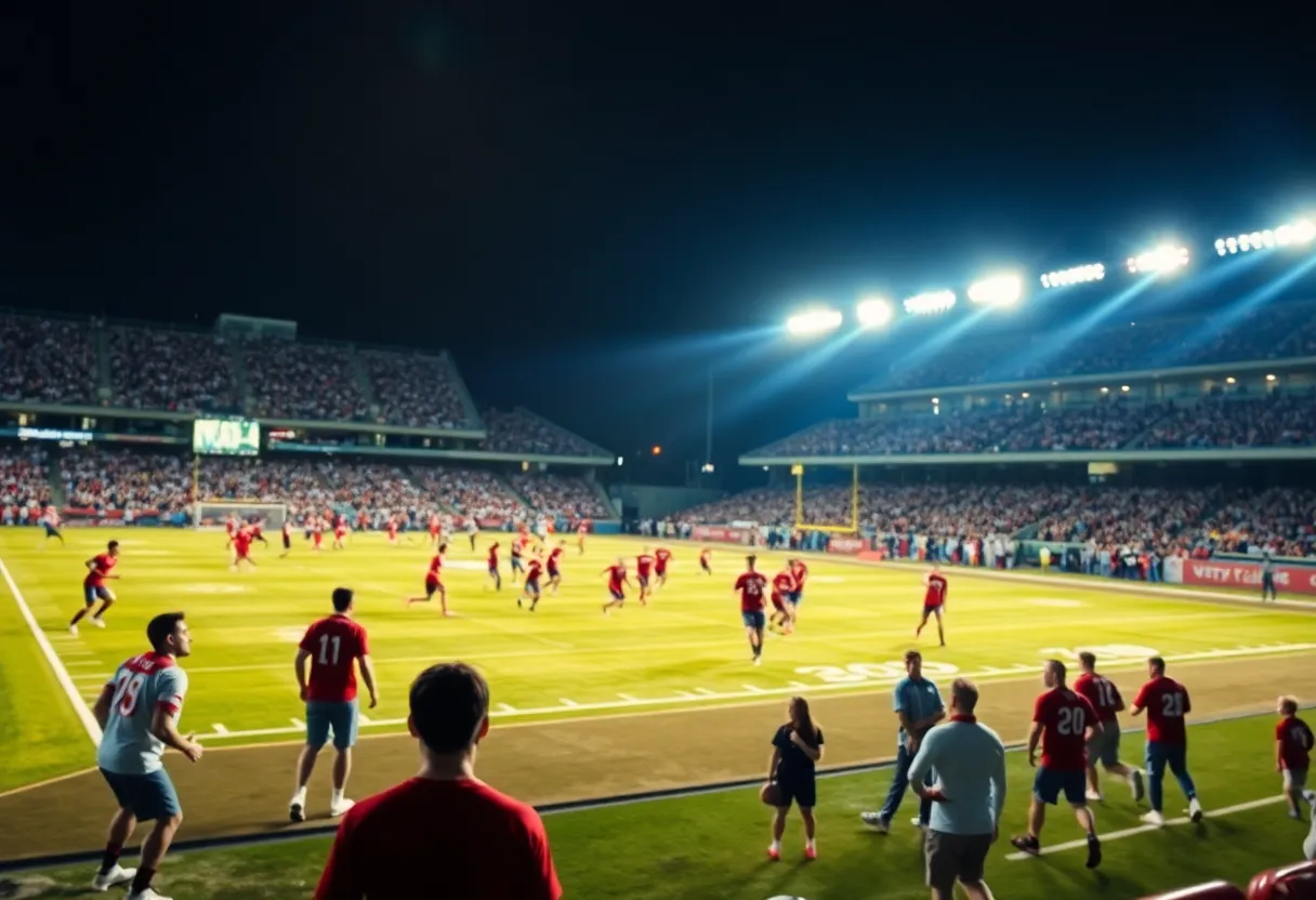 An energetic NFL game scene with football players on the field in a stadium at night