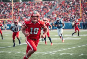 Football players celebrating during a game with crowd in the background