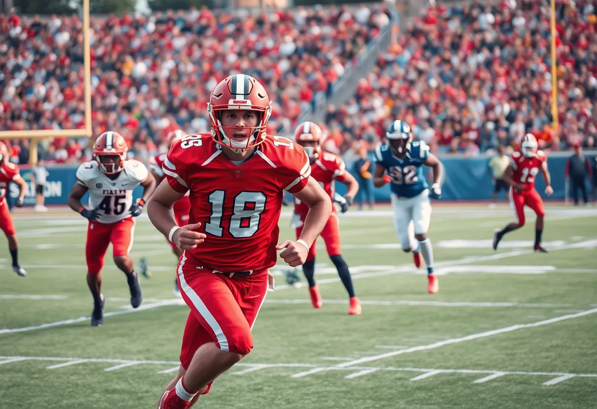 Football players celebrating during a game with crowd in the background