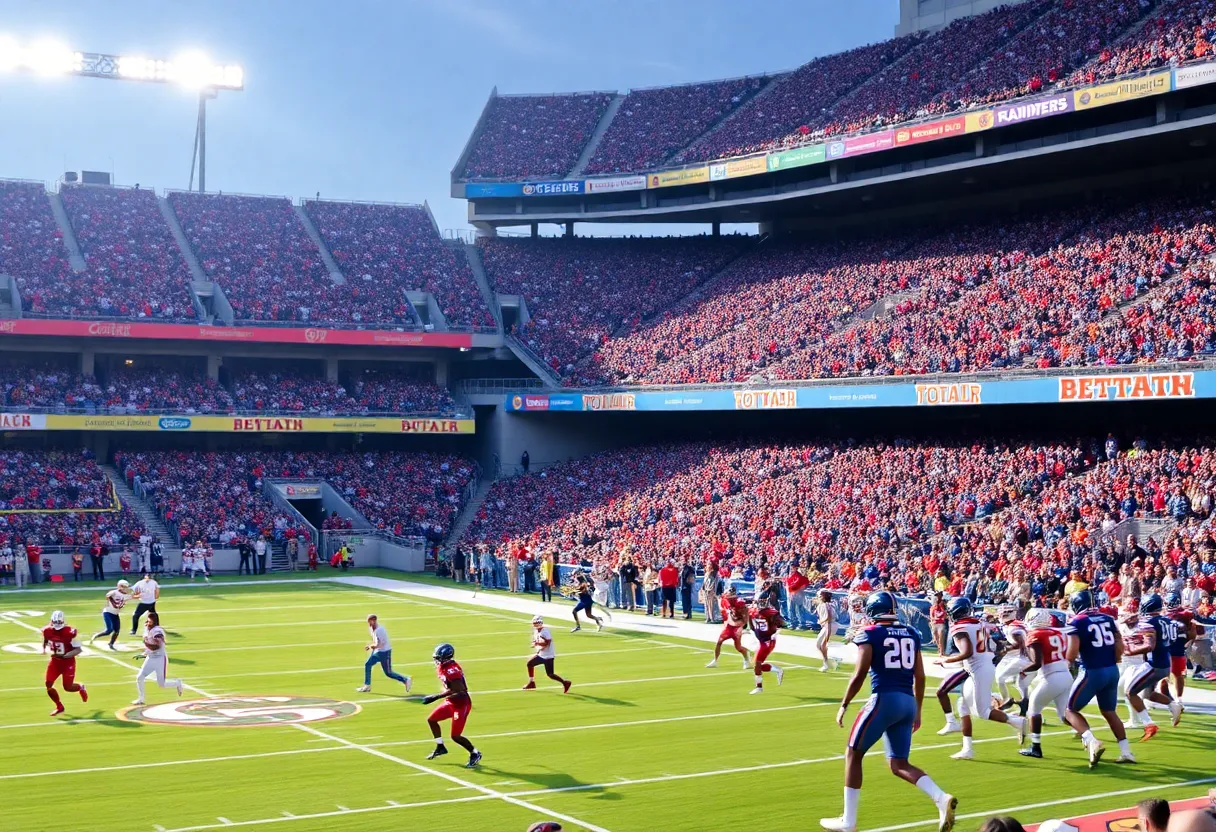 Football stadium with teams playing in vibrant colors during a game