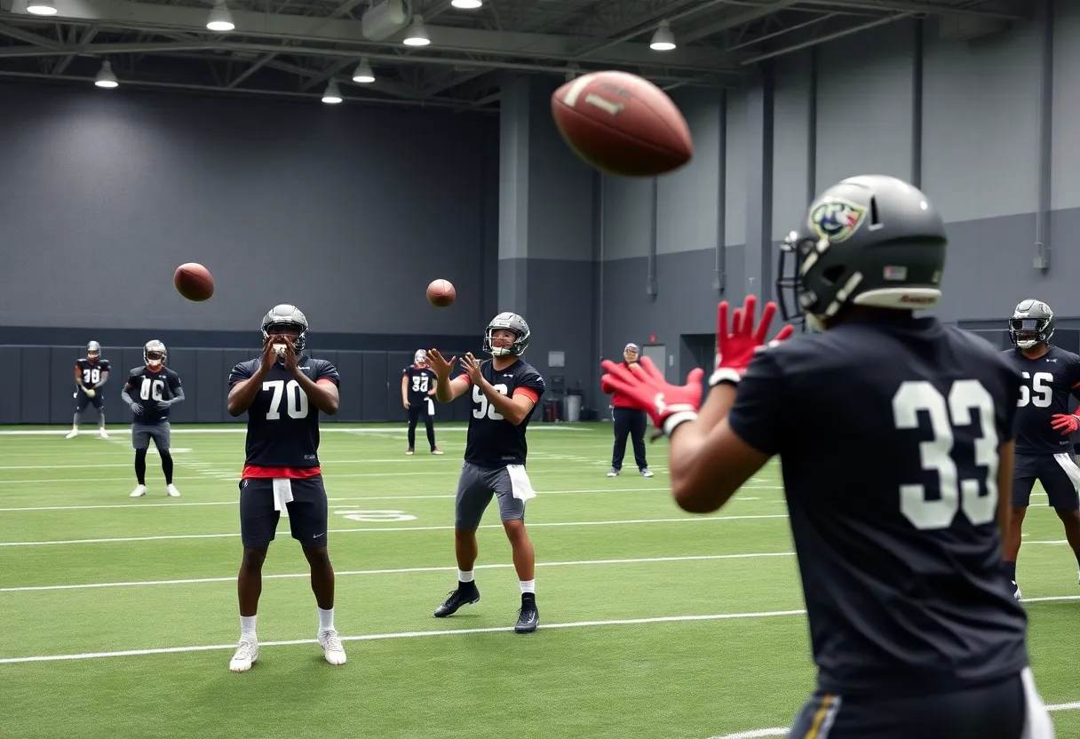 Undrafted rookie wide receivers practicing catching passes at a training facility