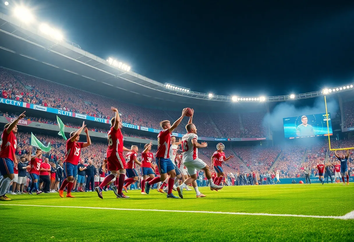 Celebrating football players on the field during a game