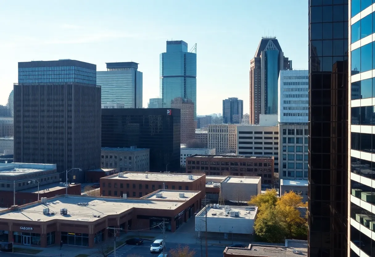 Aerial view of the Indianapolis skyline with both corporate buildings and small businesses visible