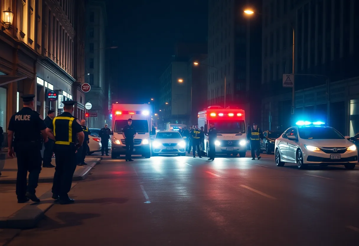 Emergency responders attending to an incident scene on a city street at night