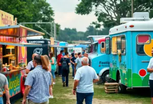 Food trucks at a competition in Indianapolis with people enjoying food