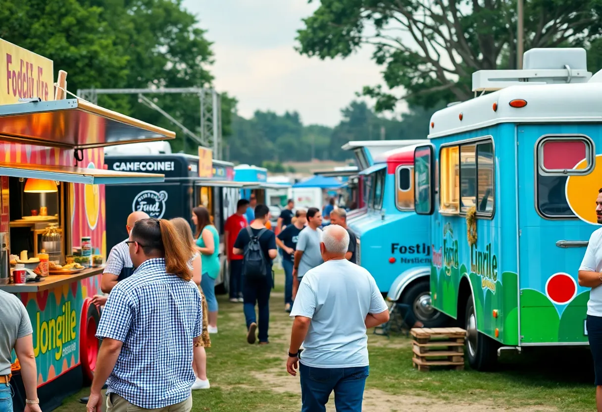 Food trucks at a competition in Indianapolis with people enjoying food