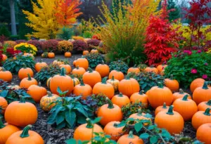 Beautifully decorated garden with pumpkins and autumn lights for October events in Indianapolis.