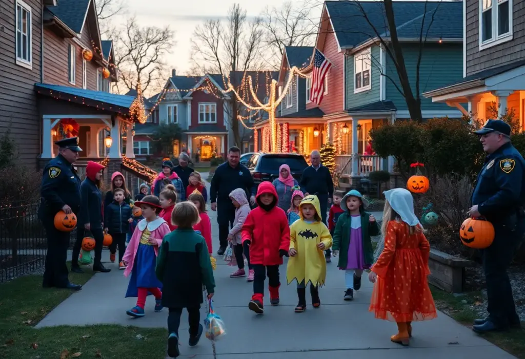 Children trick-or-treating in a safe Indianapolis neighborhood