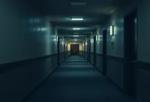 Hotel corridor with dim lighting and closed doors, representing a scene of investigation