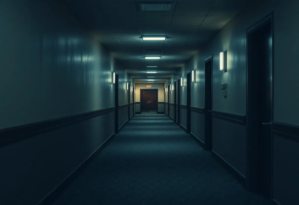 Hotel corridor with dim lighting and closed doors, representing a scene of investigation