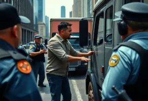 A city street scene depicting a confrontation involving a man and a truck driver under police observation