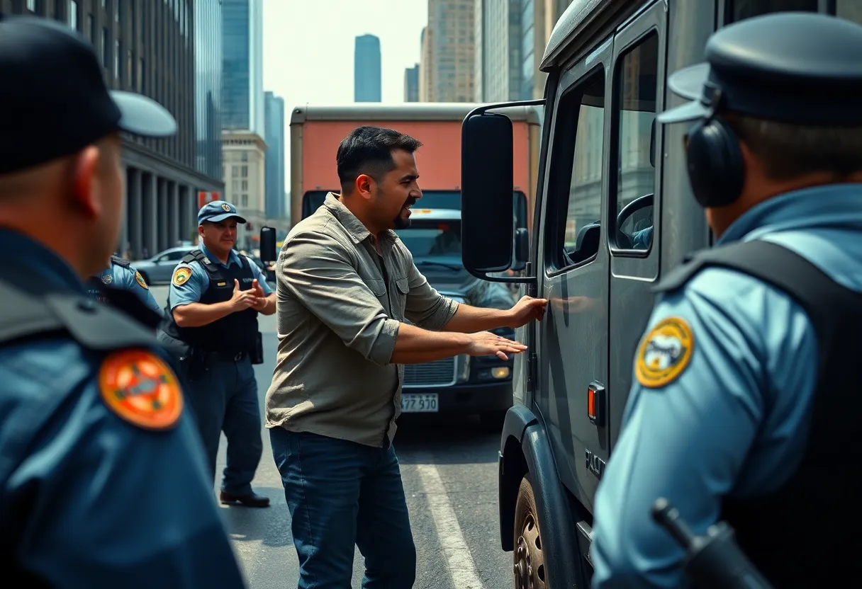A city street scene depicting a confrontation involving a man and a truck driver under police observation