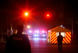 Nighttime scene of police and medical responders at an incident site in downtown Indianapolis