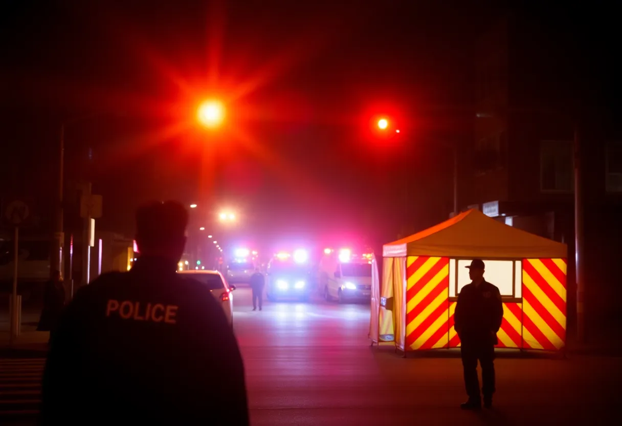 Nighttime scene of police and medical responders at an incident site in downtown Indianapolis