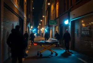Nighttime scene of police and medical personnel responding to an incident in an Indianapolis alleyway
