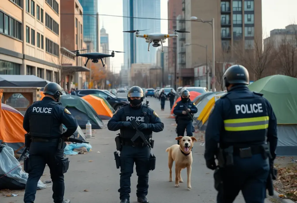 Police officers and search teams working in a city neighborhood with drones and police dogs.