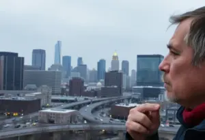 Cityscape of Indianapolis with atmospheric pollution and a resident experiencing smell
