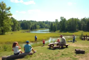 Families enjoying outdoor activities in a scenic Indiana state park.