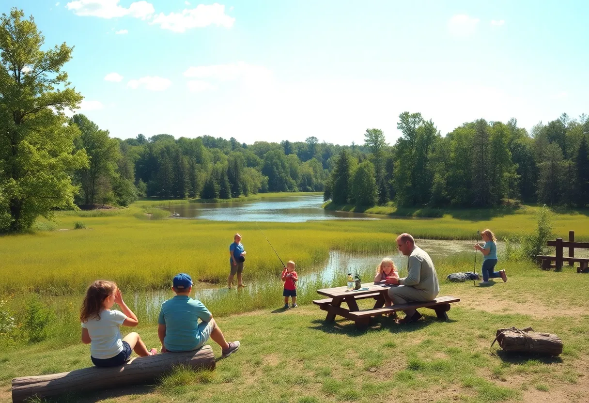 Families enjoying outdoor activities in a scenic Indiana state park.
