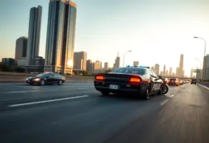 A police car pursuing a vehicle on a busy highway in Indianapolis with city buildings in the background.