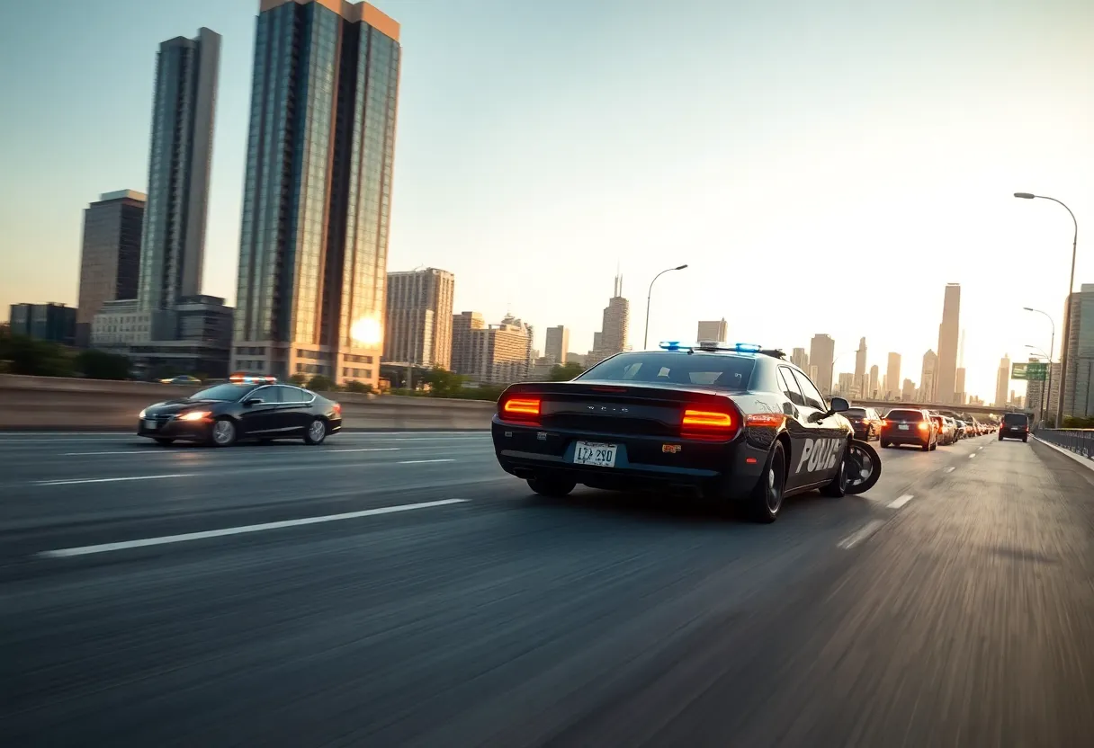 A police car pursuing a vehicle on a busy highway in Indianapolis with city buildings in the background.