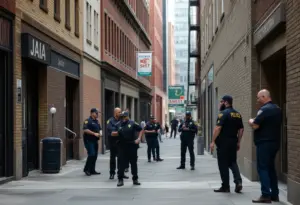 Police investigation scene in downtown Indianapolis alley at night