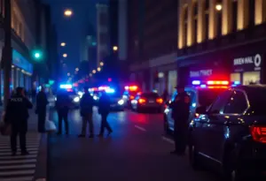Emergency services at a city street scene with police lights flashing