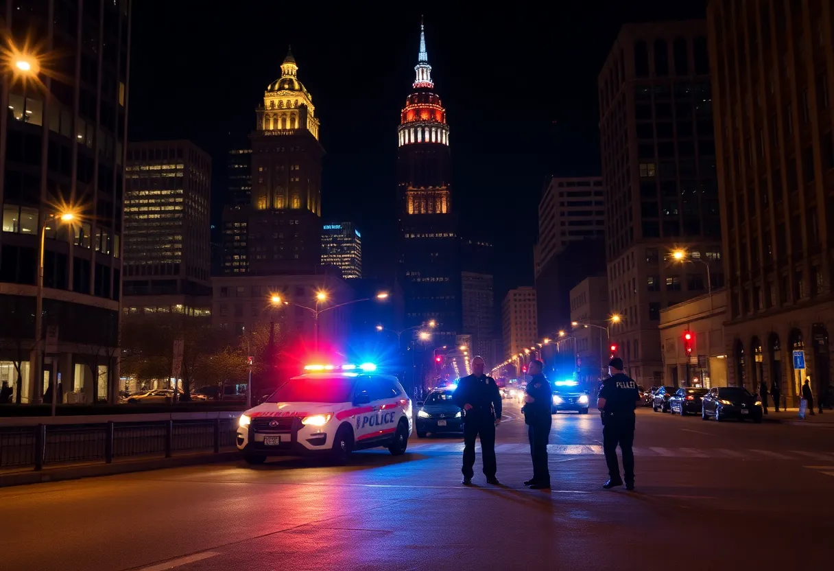 Police officers investigating a crime scene in downtown Indianapolis at night