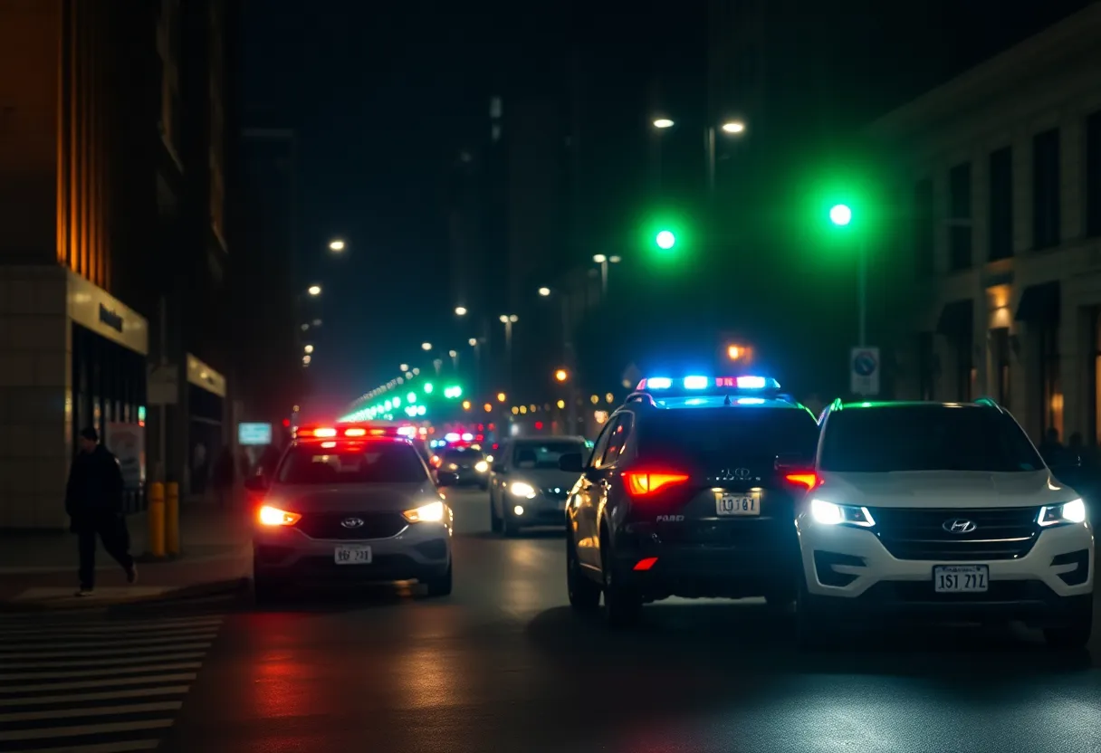 Nighttime scene of police activity on an urban street in Indianapolis