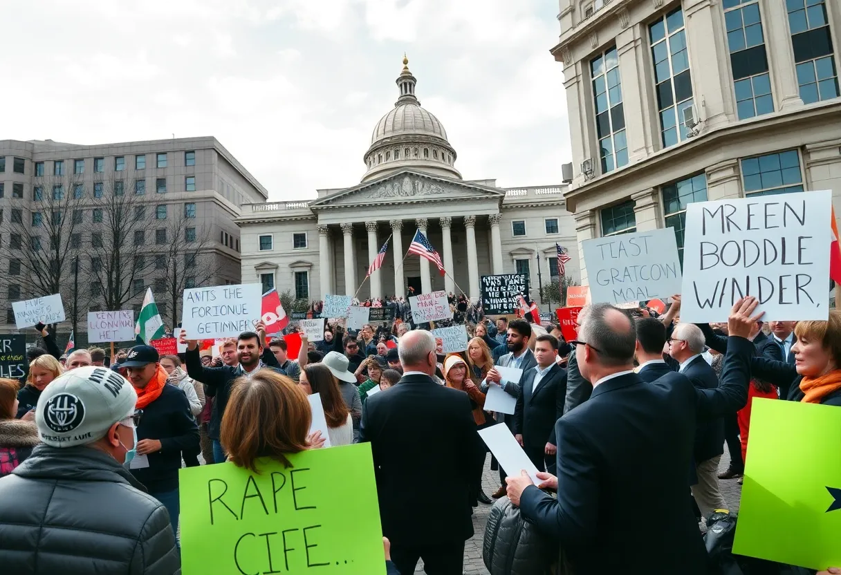 Protesters outside a government building during a political demonstration in Indianapolis